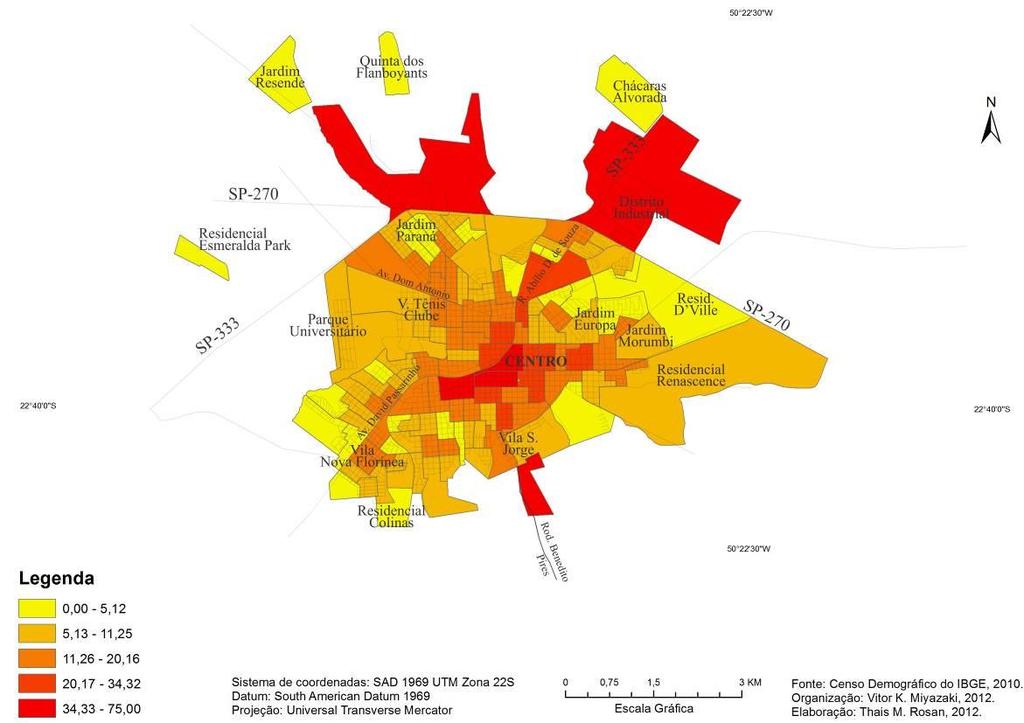 Figura 1 - Assis/SP: percentual de estabelecimentos em relação ao total de endereços, 2010 Já em outras cidades, fica evidente a predominância das áreas centrais,