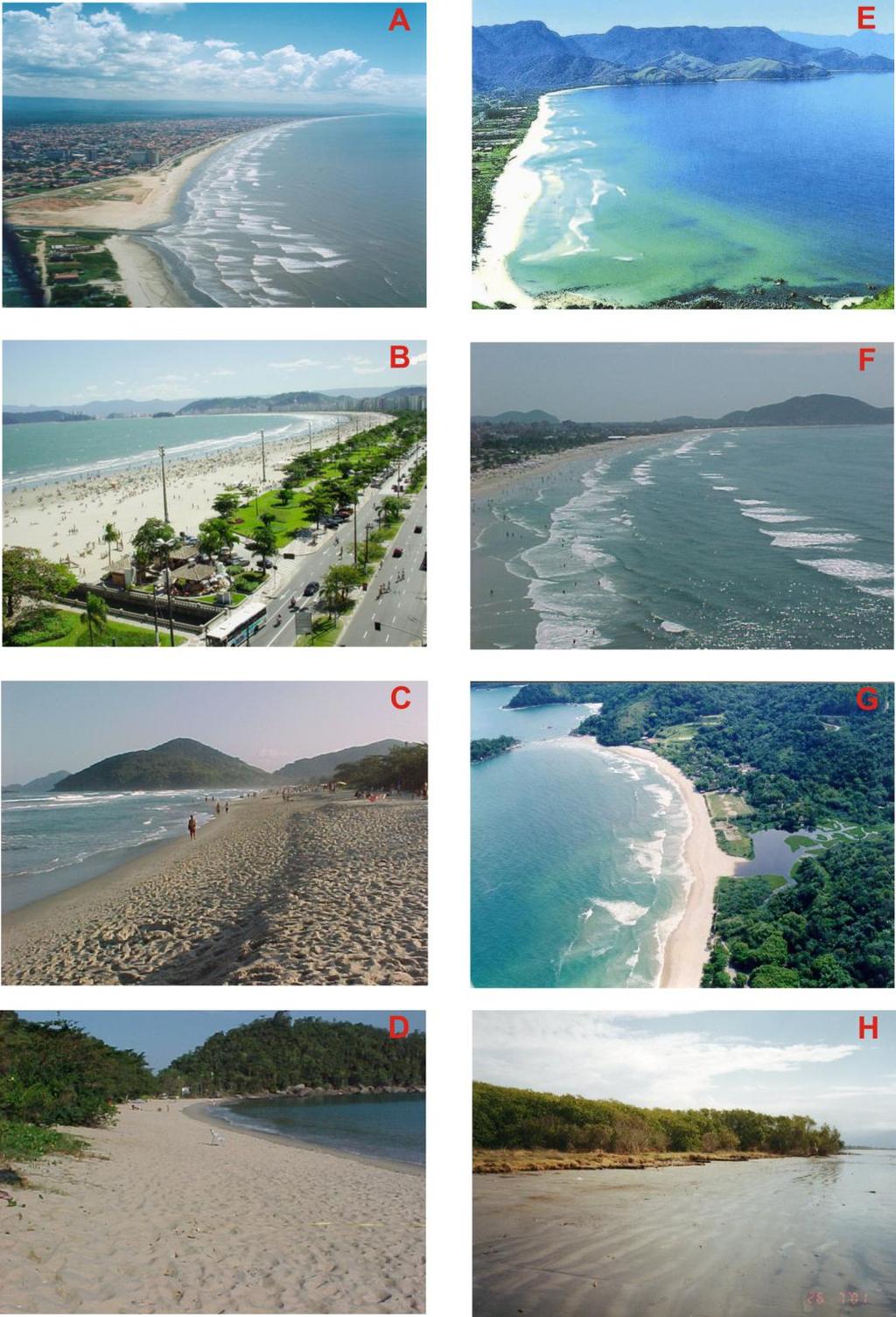 Figura 2. Tipos morfodinâmicos de praias existentes no Estado de São Paulo (fotos da autora e de sobrevôos do DEPRN-SMA).