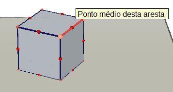 Passo 2: Com o cubo já criado, marcamos o ponto médio de cada aresta. Para isso, como mostra a Figura 74, acionamos a ferramenta ponto médio e indicamos com o clique do mouse as arestas do cubo.