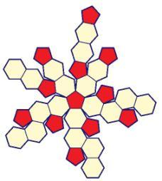 60 vértices; Dodecaedro truncado 12 faces decagonais; 20 faces triangulares; 90 arestas.