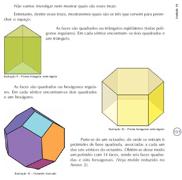 Essa definição comunga da mesma idéia de Veloso (1998) que apresenta os Sólidos Arquimedianos da seguinte maneira: se na definição que demos de poliedro regular mantivermos a condição das faces serem
