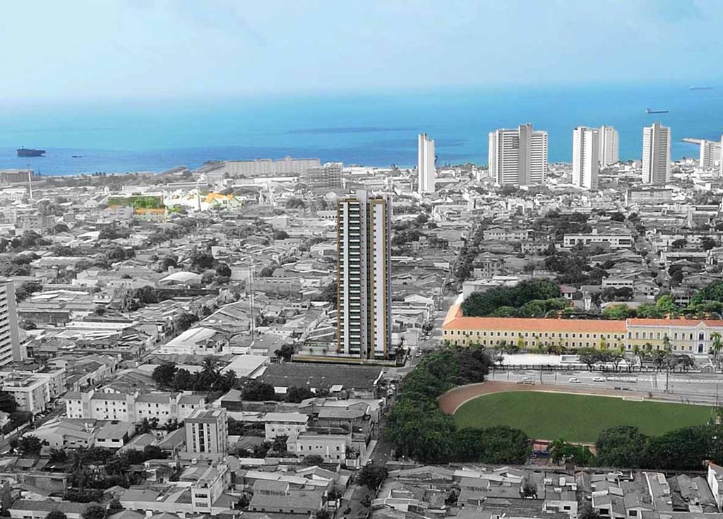 Perspectiva artística aérea do prédio no local TORRE ÚNICA, COM SOFISTICADA ÁREA DE LAZER. A APENAS 1.000 METROS DA BEIRA-MAR DE IRACEMA. É SEMPRE BOM TER UM NOVO OLHAR SOBRE A CIDADE.