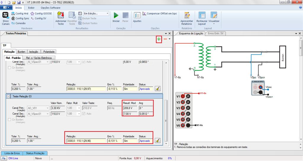 6.5 Teste com 210V INSTRUMENTOS PARA TESTES ELÉTRICOS Clique no ícone + e altere o valor da tensão de teste para 210,0V e inicie a