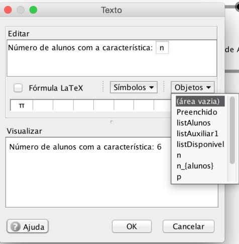 3 listalunos=sequência[elemento[listauxiliar,i],i,1,round(n_{alunos})] Por fim, digite o seguinte comando: listpreenchido=sequência[elemento[listauxiliar,i],i,1,round(n)] 7) Na janela de Álgebra,