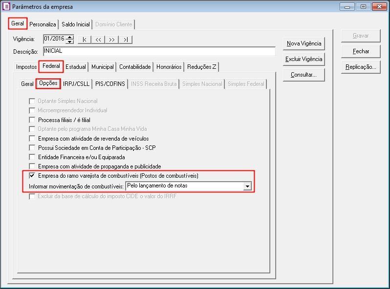 Título: Como realizar a configuração do posto de combustível pelo lançamento de nota? 1 PARÂMETROS EMPRESA 1.1 Acesse o menu CONTROLE, clique em PARÂMETROS; 1.2 Clique no botão [Nova Vigência]; 1.