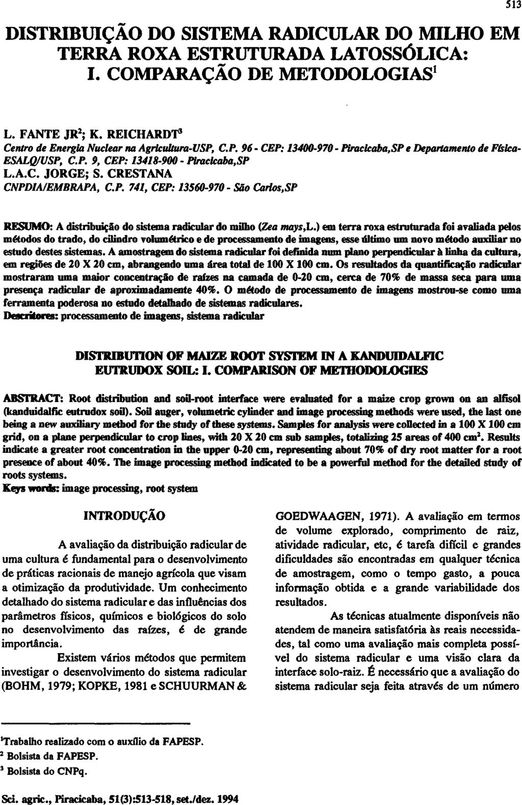 DISTRIBUIÇÃO DO SISTEMA RADICULAR DO MILHO EM TERRA ROXA ESTRUTURADA LATOSSÓLICA: I. COMPARAÇÃO DE METODOLOGIAS 1 L. FANTE JR 2 ; K. REICHARDT 3 Centro de Energia Nuclear na Agricultra-USP, C.P. 96 - CEP: 13400-970 - Piracicaba, SP e Departamento de Física- ESALQ/USP, C.