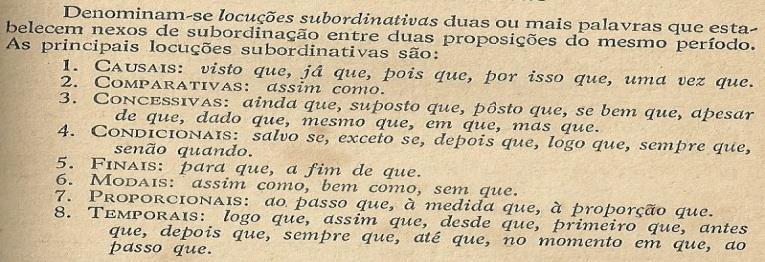 Dessa maneira, locuções subordinativas são palavras compostas que ligam orações subordinadas; o autor apresenta exemplos das principais locuções em cada categoria conjuntiva.