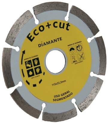 DISCOS DIMNTDOS DISCOS DIMNTDOS MÁQUINS PORTÁTEIS ECO+CUT plicações: Corte a seco e a húmido 1 - Universal / Betão (dureza média) 2 - Cerâmica zulejos Telas Mármores DIMENSÕES (mm) Ø x E x F R.P.M. SEGMENTDO D.