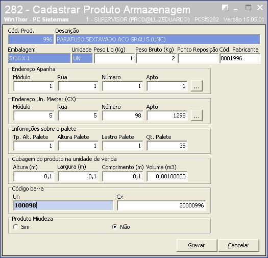 Cadastros Básicos para utilizar o processo de endereçamento. Realizar o cadastro das informações dos paletes dos produtos que serão endereçados. Acesse a rotina 282 Cadastrar Produto Armazenagem.