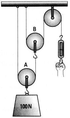 6) No esquema de polias abaixo, sabe-se que a máxima força F que uma pessoa pode fazer é F = 30 N. Qual é a carga máxima que ela conseguirá erguer?