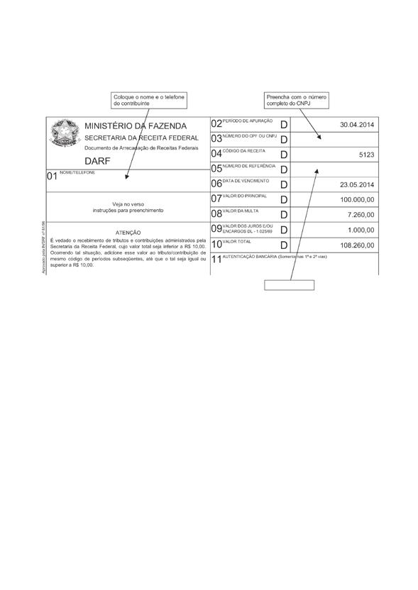 Sobre o valor do principal incidem os seguintes acréscimos legais: a) valor do principal: R$ 100.000,00; b) multa: R$ 7.260,00 (0,33% x 22 dias) = 7,26%; e c) juros: R$ 1.