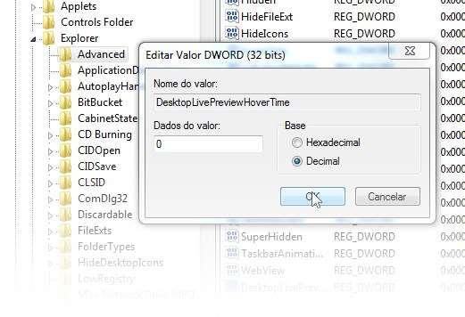 Encontre a chave de registro DesktopLivePreviewHoverTime.
