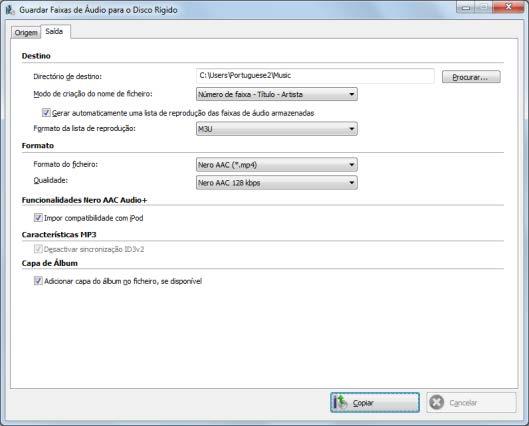 Música Botão Carregar capa Carrega uma capa alternativa a partir do seu disco rígido 5.4.1.2 Separador Saída Pode definir as propriedades dos ficheiros de áudio a serem criados no separador Saída.
