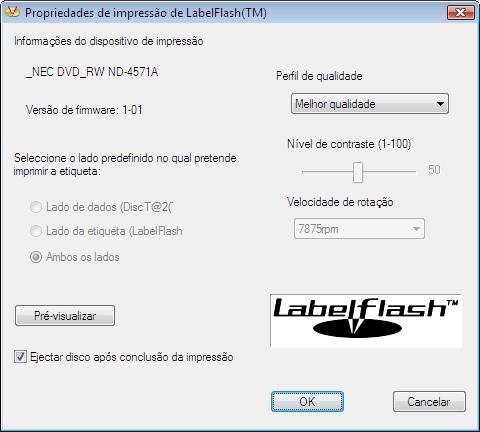 Labelflash 4. Se desejar alterar a área em que a etiqueta é impressa, altere a área de impressão em conformidade utilizando os campos de entrada Raio interior e Largura. 5.