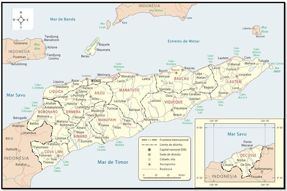 3.1. Localização geográfica e divisão administrativa do território de Timor-Leste Timor-Leste é a metade oriental da ilha de Timor, com uma área de cerca de 14.