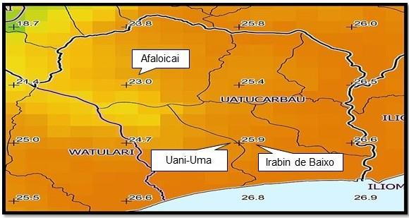 9 o C e no suco Afaloicai é de 23 o C, conforme se pode verificar pela figura 19. Figura 19 Temperatura média anual na região de Uato-Carbau. http://www.wikiwand.