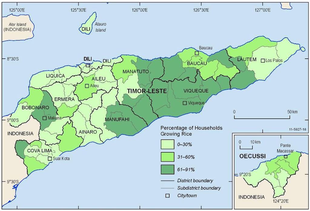 Figura 21 Áreas de cultivo de arroz em Timor-Leste. Adaptada Vong et. al, 2006 in Wallace et. al., 2012. 3.2.5.1. Uso do solo no local de estudo em Uato-Carbau Relativamente ao uso do solo, em Uato-Carbau, ele é maioritariamente usado para o cultivo de arroz.
