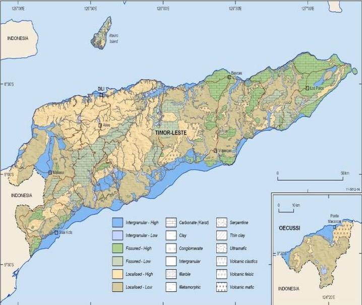 Figura 22 Mapa simplificado dos sistemas hidrogeológicos do território de Timor-Leste. Adaptado de Wallace et al. (2012).