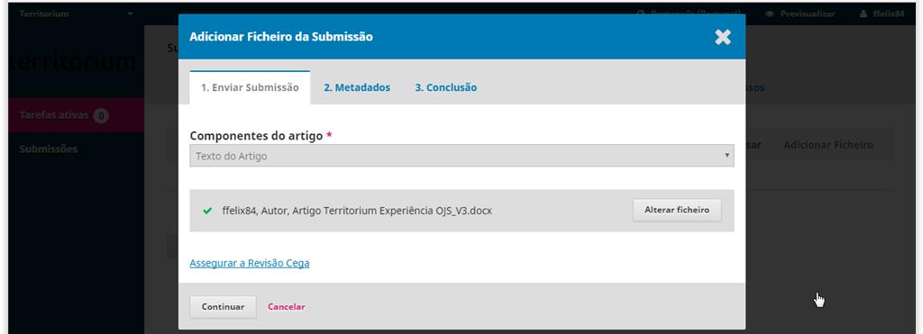 2. No segundo passo, deverá abrir-se automaticamente uma janela para o carregamento do word do manuscrito, onde deverá submeter a versão final do manuscrito, de acordo com as normas da revista.