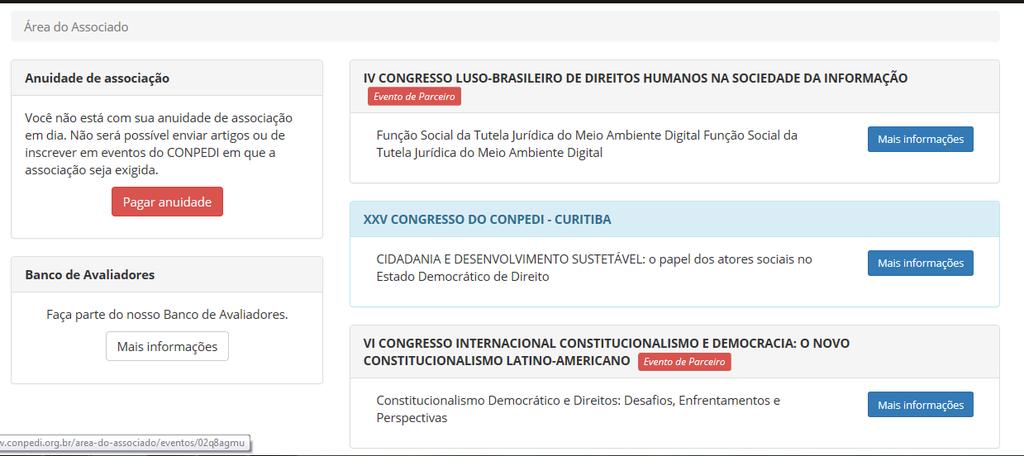 Figura 11. Site do CONPEDI para submissão de trabalhos nos eventos cadastrados.