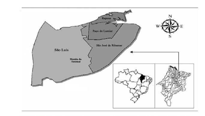 37 é quente e seco com ventos frescos e o inverno é chuvoso. Possui média pluviométrica de 1953 mm. SEPLAN/ MA). Figura 1: Distrito do Tirirical, São Luís, Maranhão, Brasil.