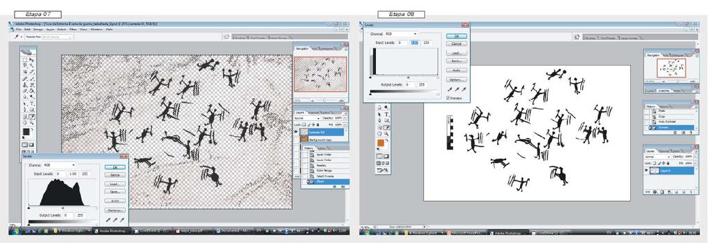 42 Figura 19 - Tratamento de imagem - etapa [7] [8] destaque da cena de guerra em cor preta em fase do plano final, Sítio Toca da Extrema II O tratamento de imagens dos grafismos rupestres para as
