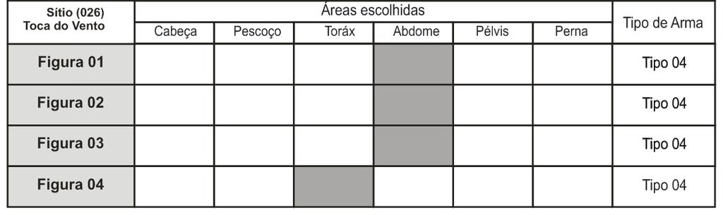 65 Tabela 13 - Tabela Quantidade dos marcadores sociais dos antropomorfos do Sítio Toca do Vento A cena contém dez objetos culturais associados, sendo 2 tipos de morfologia de armas, a morfologia