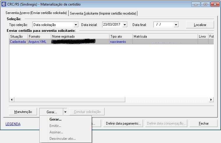 2) Gerar (certidão) Pedidos de materialização de certidão da