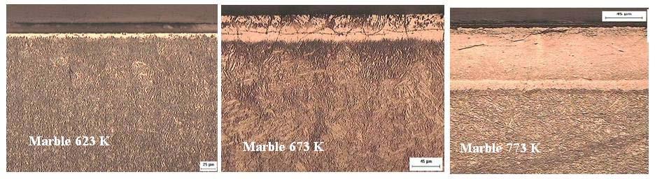 Figura 4: Micrografias das amostras nitretadas em gaiola catódica. Diferenças microestruturais foram observadass, principalmente para as amostras nitretadas em 673K e 773K.