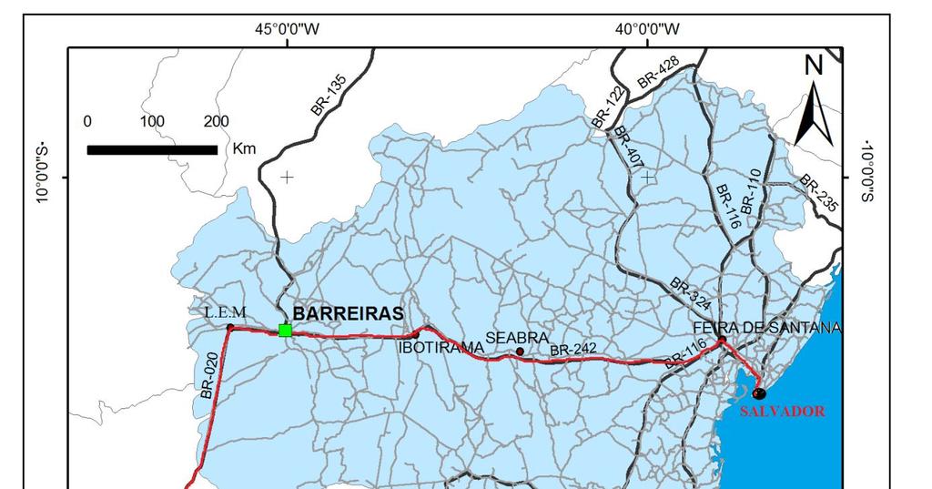 020 até a cidade de Luis Eduardo Magalhães, onde é acessada a BR 242 até Barreiras, percorrendo aproximadamente 600 km (Figura 2).