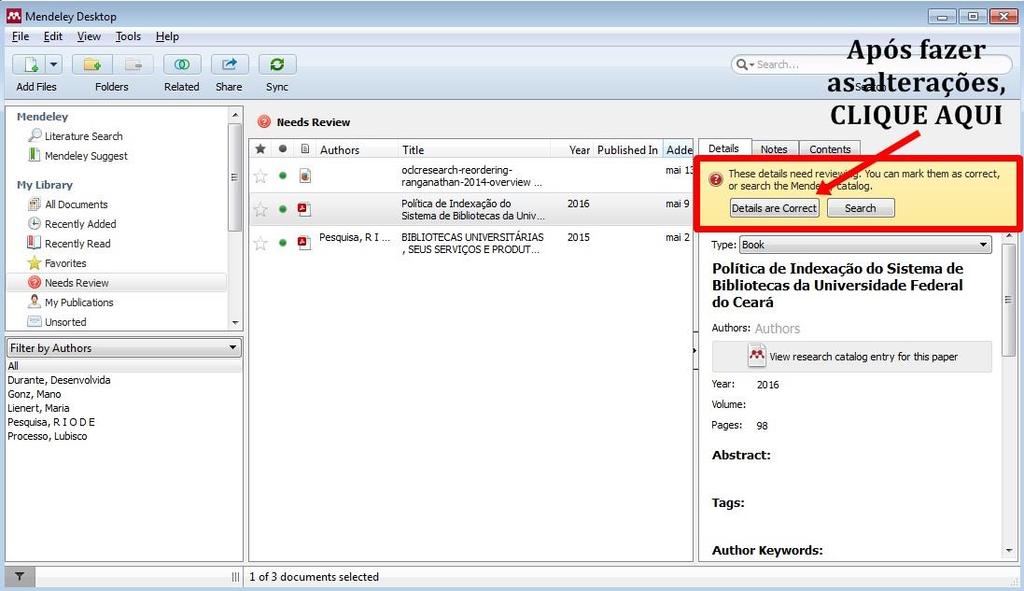 8. Caso o Mendeley não corrija os metadados, faça as correções manualmente