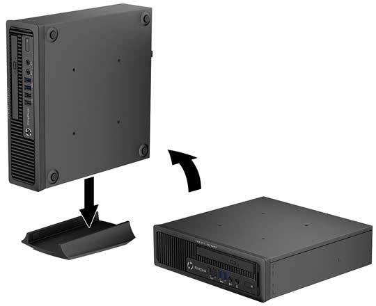 Mudar da configuração de secretária para a configuração de torre O computador de secretária ultrafino pode ser utilizado numa configuração de torre, sendo o suporte de torre incluído com o computador.