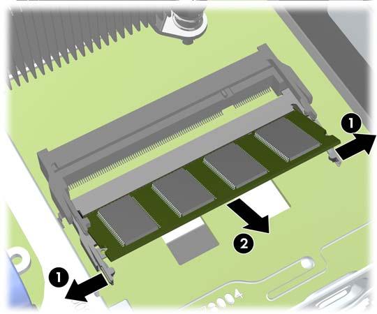 8. Para remover um SODIMM, prima para fora nos dois fechos de cada lado do SODIMM (1) e, em seguida, puxe o SODIMM para fora da tomada (2).