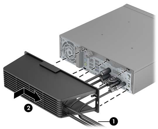 2. Insira os ganchos na tampa da porta nas ranhuras situadas na parte posterior do chassis e, em seguida, deslize a tampa para a direita para fiá-la no lugar (2).