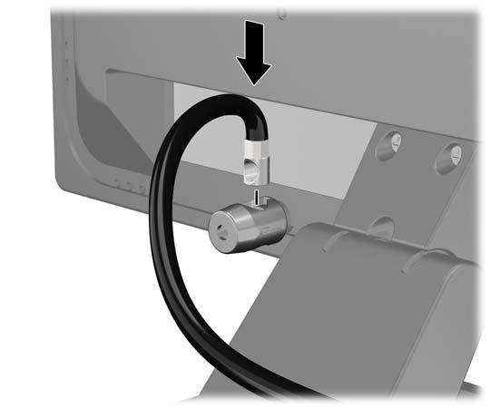 Faça deslizar o cabo de segurança através do orifício no bloqueio do cabo, na parte posterior do monitor.