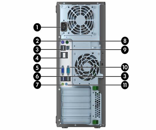 Componentes do painel traseiro na configuração de torre (TWR) 1 Conector do cabo de alimentação 7 Conector de saída de linha para dispositivos de áudio com alimentação (verde) 2 Conector de teclado