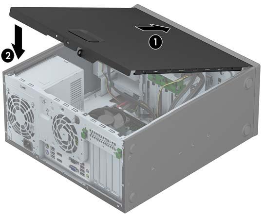 Substituir o painel de acesso ao computador Deslize o rebordo na extremidade da frente do painel de acesso para baixo do rebordo na parte da frente do chassis (1) e, em