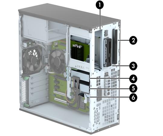 Posições das unidades 1 Compartimento de unidade de meia altura de 5,25 polegadas 2 Compartimento de unidade óptica fina 3 Compartimento de unidade de 3,5 polegadas para uma unidade opcional (como um