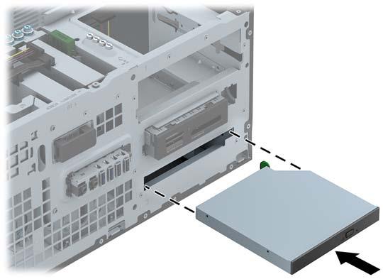 8. Deslize completamente a unidade óptica através do painel para o interior do compartimento até encaixar. 9. Ligue o cabo de energia (1) e o cabo de dados (2) à parte de trás da unidade óptica. 10.