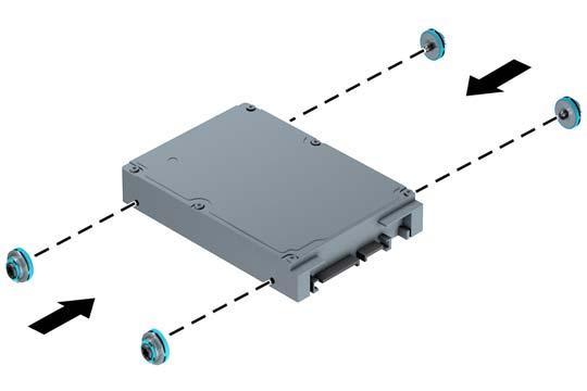 Se estiver a instalar uma unidade de disco rígido de 2,5 polegadas, coloque quatro parafusos guias de montagem do isolamento pretos e azuis