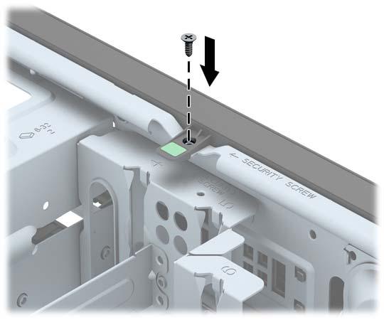 6. Remova o parafuso de segurança da faze lateral do compartimento da unidade de disco rígido situado imediatamente atrás do painel frontal. 7.