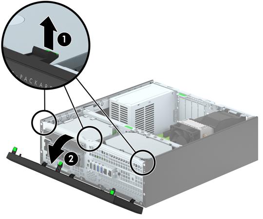 Remover o painel frontal 1. Remova/desactive todos os dispositivos de segurança que impedem a abertura do computador. 2.