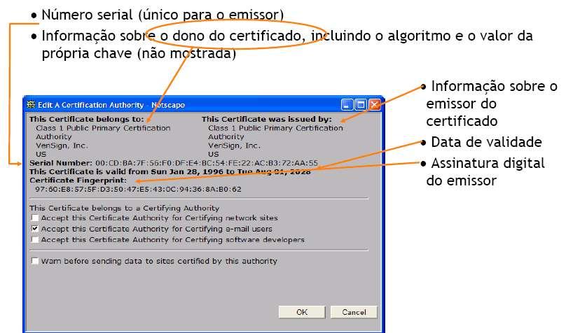 Um exemplo destacando informações do certificado pode ser visto na figura seguinte: A ICP-Brasil definiu os tipos de certificados válidos.