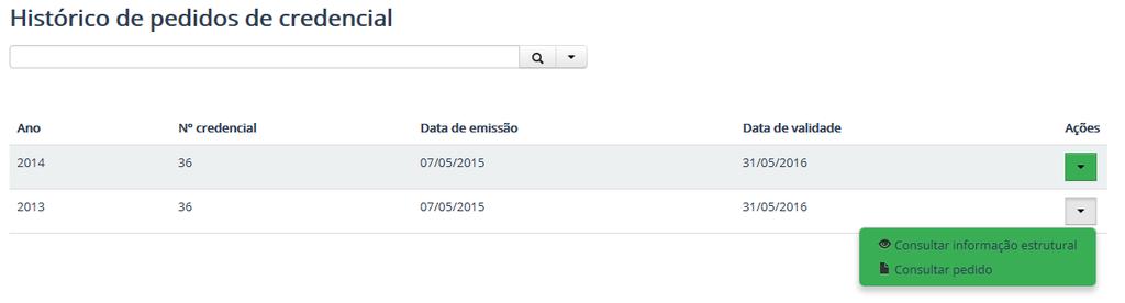 Consulta de histórico de pedido de credencial Neste menu é possível proceder à consulta do histórico dos dados submetidos relativos a pedidos de credencial.