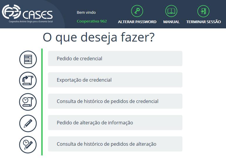 Interface Quando insere na página de entrada do Portal de Credenciação os códigos de acesso que lhe foram enviados pela CASES, ao "entrar" os