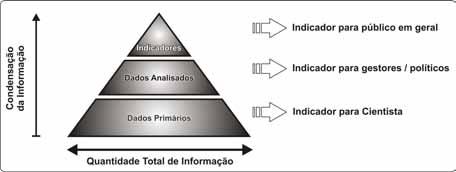 Pode-se dizer que os dados originais compõem a base, seguidos de um nível superior, onde estão os dados analisados que resultam em indicadores e no ápice aparecerão os índices, conforme Figura 12.