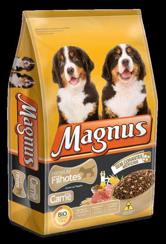 MAGNUS PREMIUM Cães BIO COMPLEX Vitamina E e Selênio Quelato. Prebióticos, Fibras e Extrato de Yucca. Ômegas 3 e 6, Biotina e Zinco Quelato.