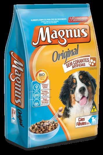 MAGNUS ORIGINAL Cães BIO COMPLEX Vitamina E e Selênio Quelato. Prebióticos, Fibras e Extrato de Yucca. Ômegas 3 e 6, Biotina e Zinco Quelato. ORIGINAL Cães Filhotes Proteína Bruta (Mín.