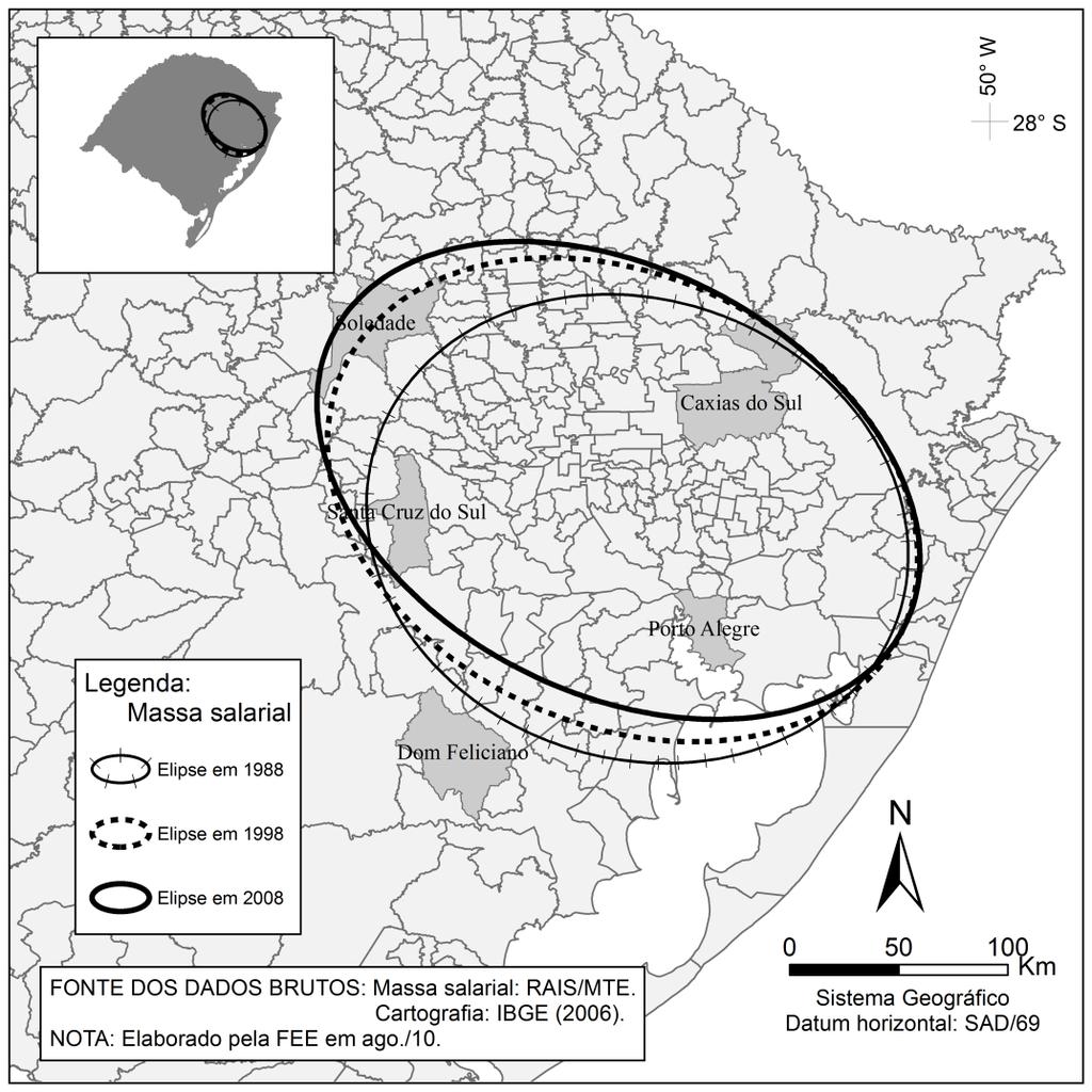 Fgura 7 - Elpses de desvo-padrão da massa salaral a dústra de trasformação o Ro Grade do Sul 1988, 1998 e 008 Comparado as duas metodologas (Quadro ) para a varável massa salaral, foram apuradas,