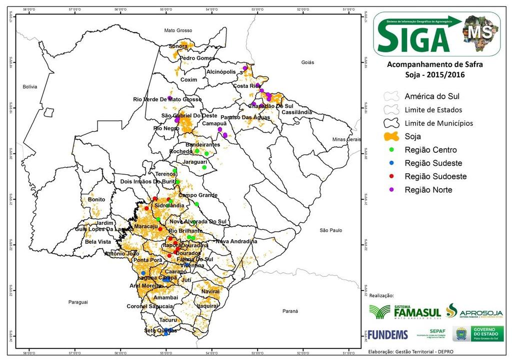No mapa 1 observa-se os pontos, onde foram realizadas as entrevistas de plantio da soja safra 2015/2016.